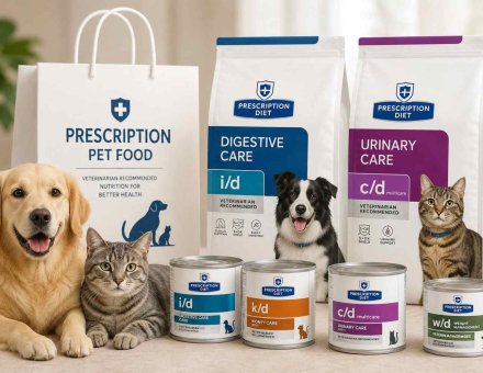Prescription pet food bags and cans arranged beside a shopping package for a dog and cat